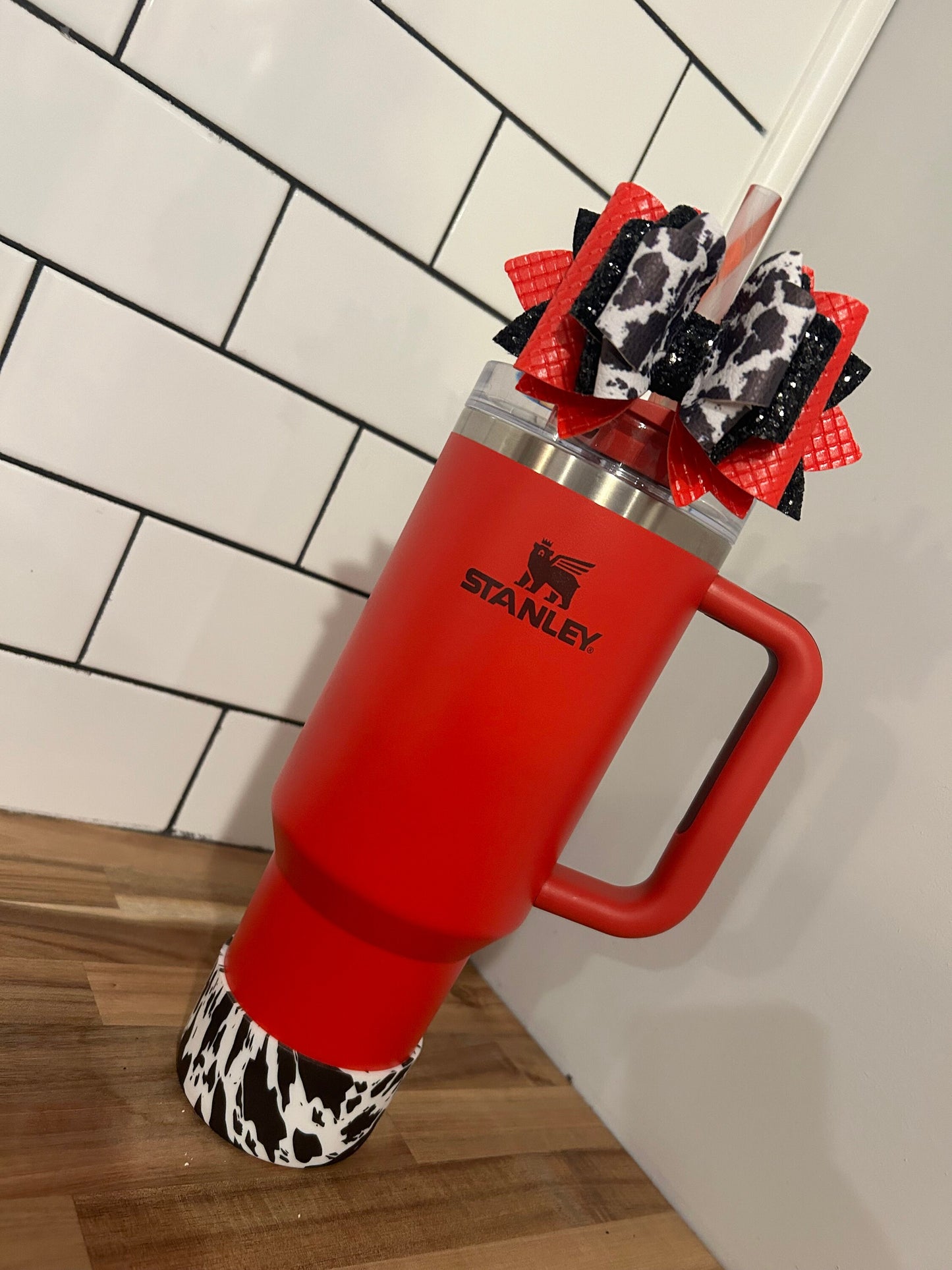 Red Black and White Cow Tumbler Bow for Stanley Straw Topper lava glitter