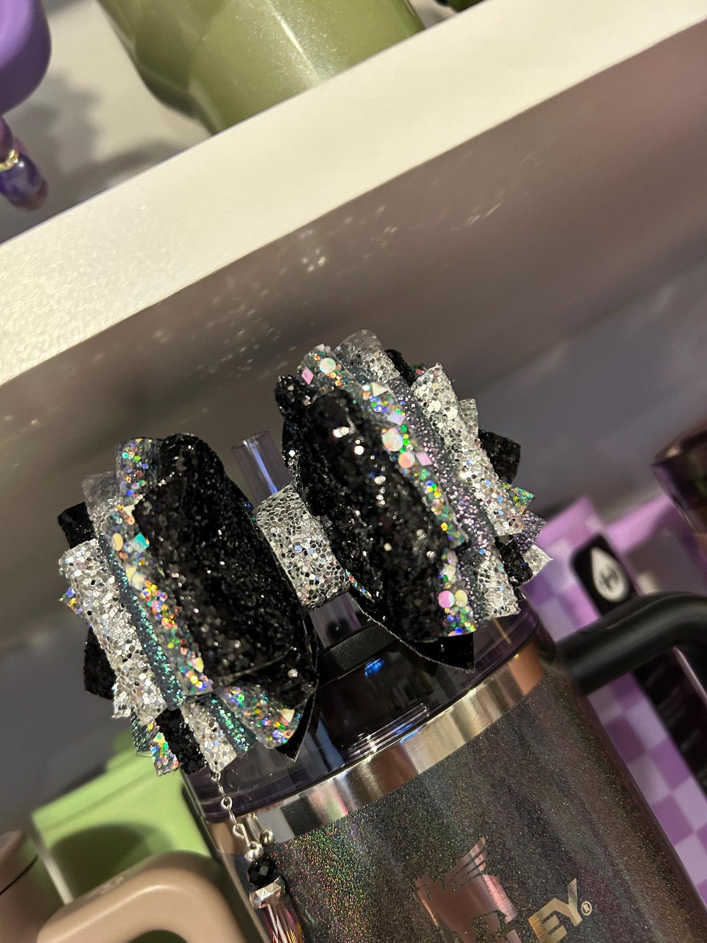 Stanley Tumbler Bow Glitter Straw Topper black silver chroma chrome iridescent moon star purple sparkle midnight glitz glam silver shine