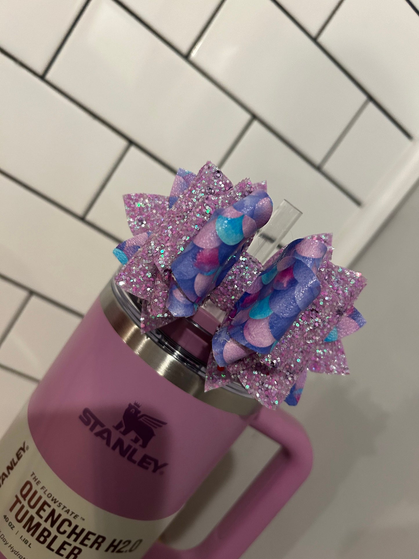 Glitter Stanley Tumbler Bow Lilac Blue White pink teal Glitter Straw Topper Aqua Lavender Purple mermaid dragon scales