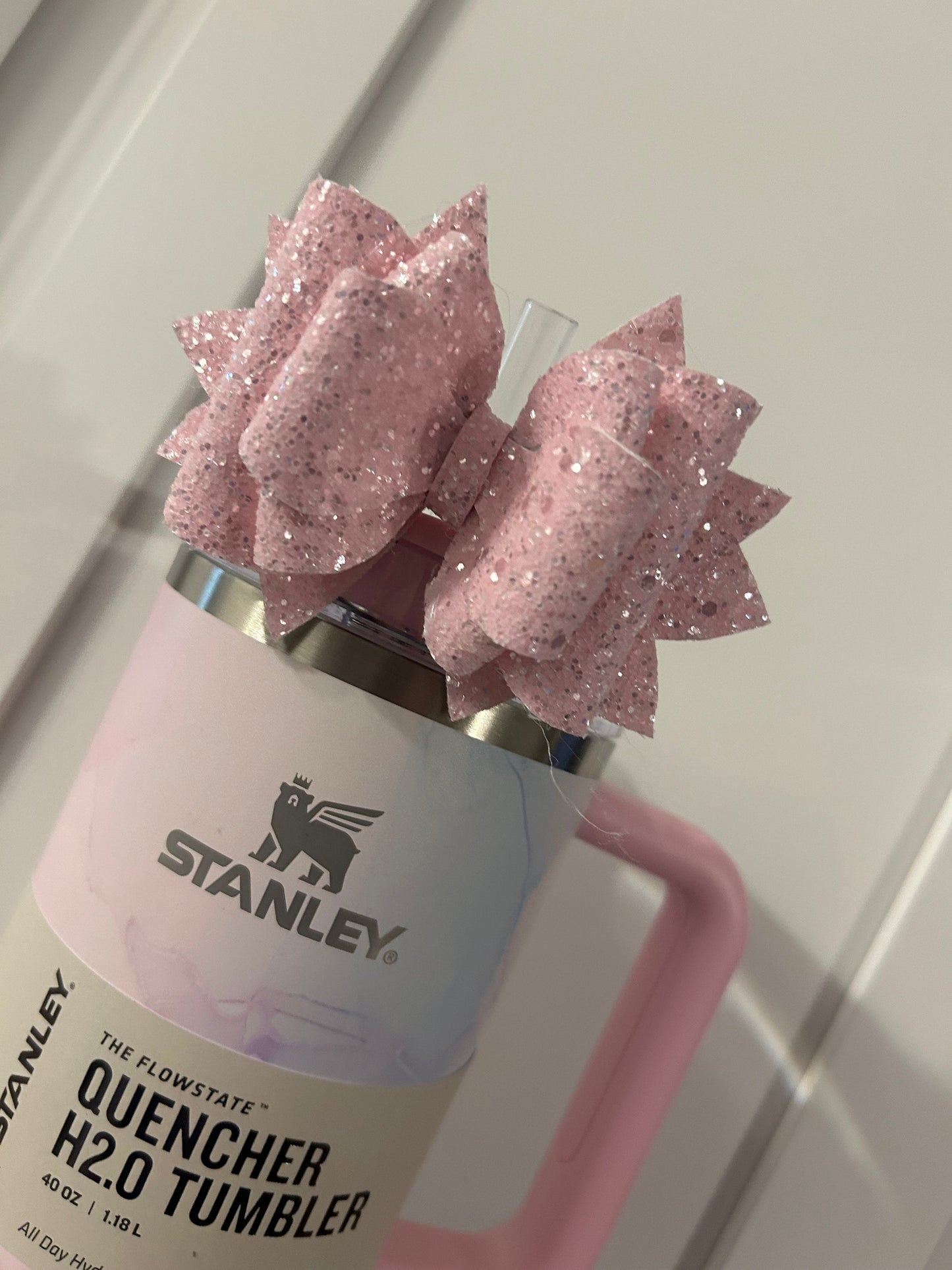 Stanley Tumbler Bow baby pink light pink Glitter Straw Topper bloom love shack fancy blooming heirloom ribbon Rosa almond rose petal shimmer