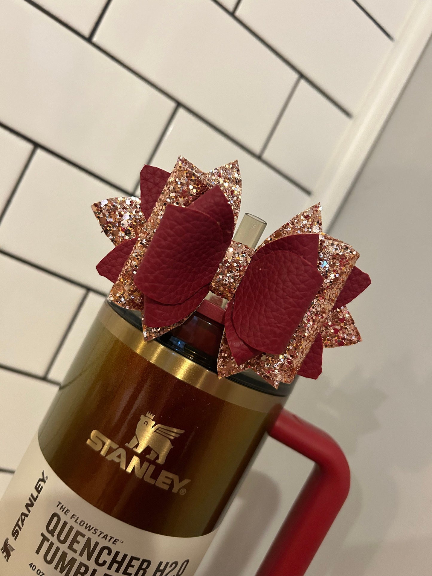 Glitter Tumbler Bow for Stanley, straw topper, burgundy maroon gold best glitter country gold Lainey Wilson cranberry brown Cabernet
