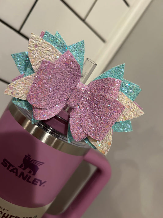 Stanley Tumbler Bow Lilac Blue White Glitter Straw Topper Aqua Lavender Purple