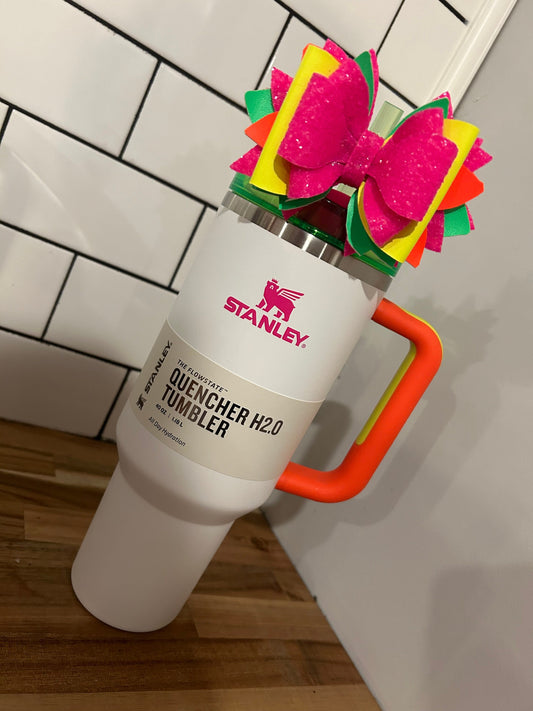 Stanley Tumbler Bow neon pink black with Glitter Straw Topper hot pink white neon green yellow orange glitter neon white neon black