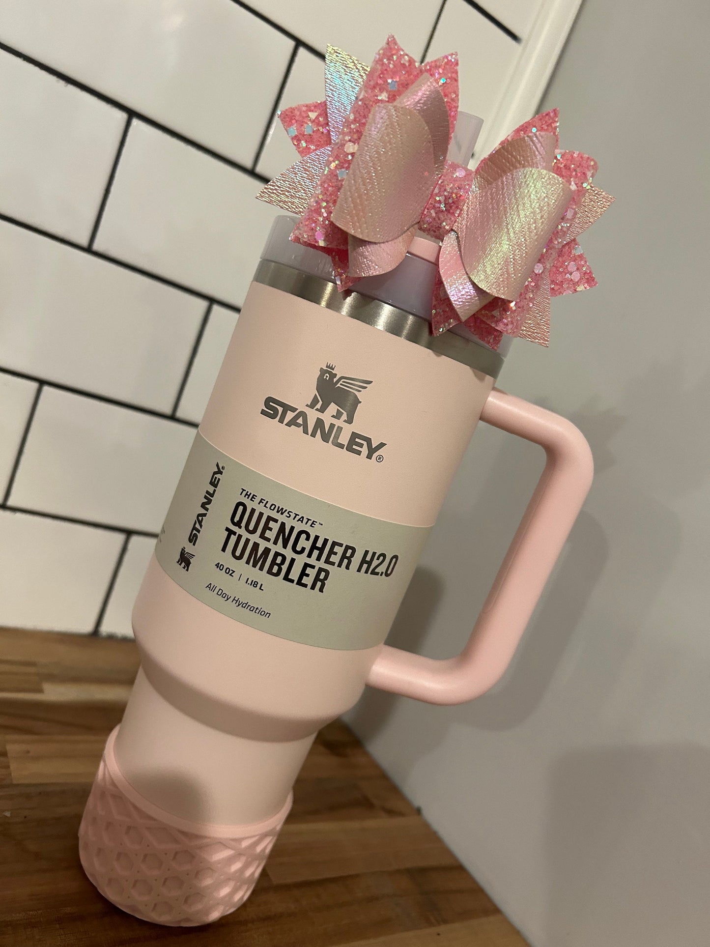 Stanley Tumbler Bow baby pink straw topper bloom winter tulle iridescent love shack fancy blooming heirloom ribbon Rosa rose petal shimmer