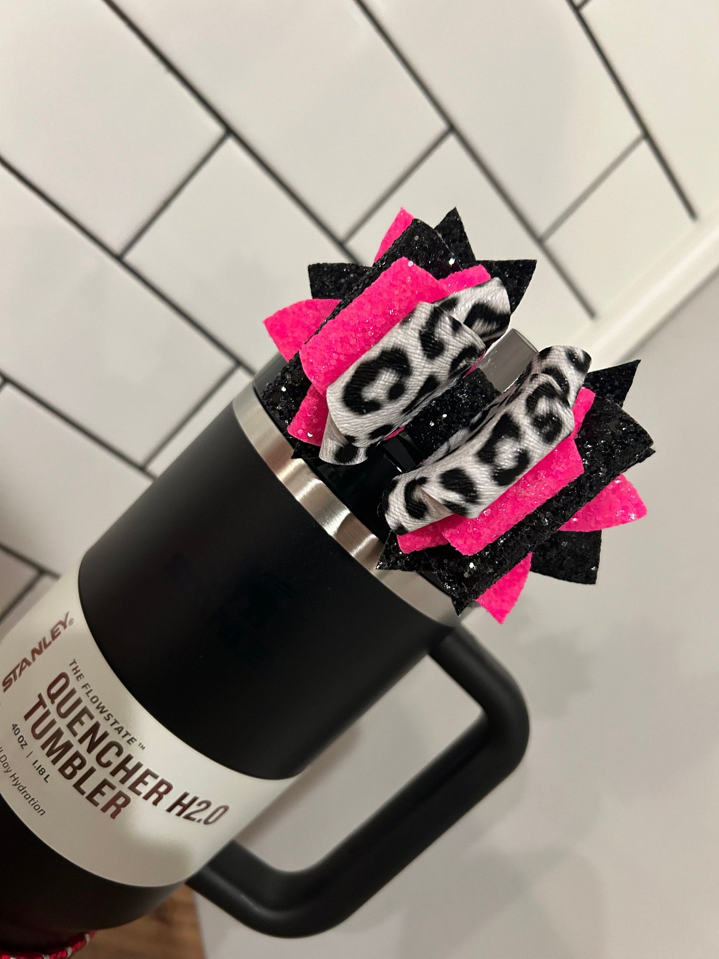 Tumbler Bow for Stanley, straw topper, black white glitter snow leopard neon pink green orange yellow blaze customize another color for pink