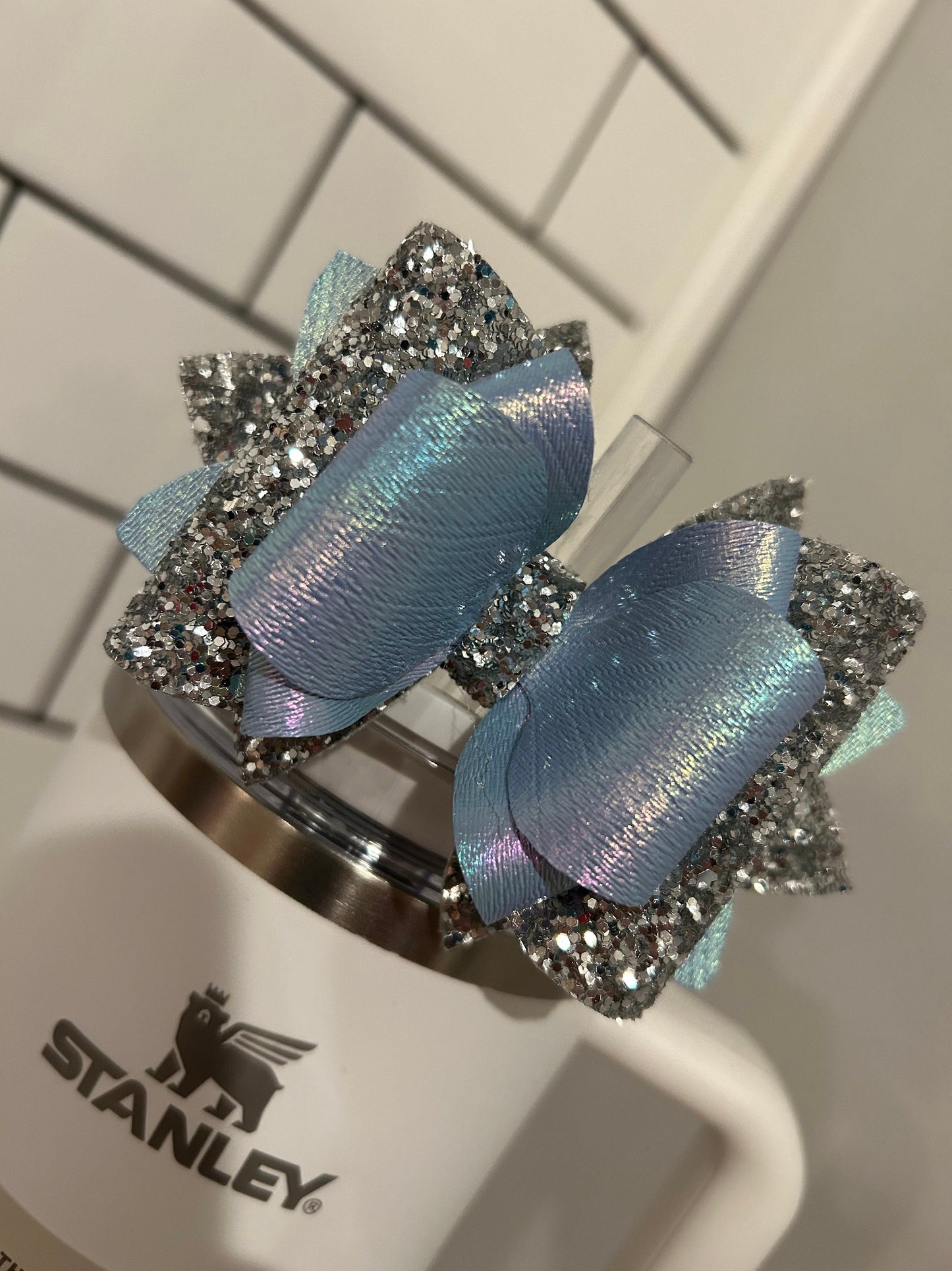 Stanley tumbler bow topper for straw iridescent light blue Silver Cinderella stanley Starbucks spring blue Shining