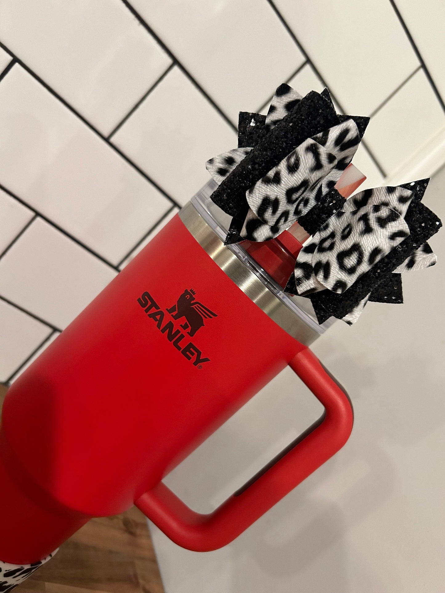 Tumbler Bow for Stanley, straw topper, black white glitter snow leopard neon pink green orange yellow blaze
