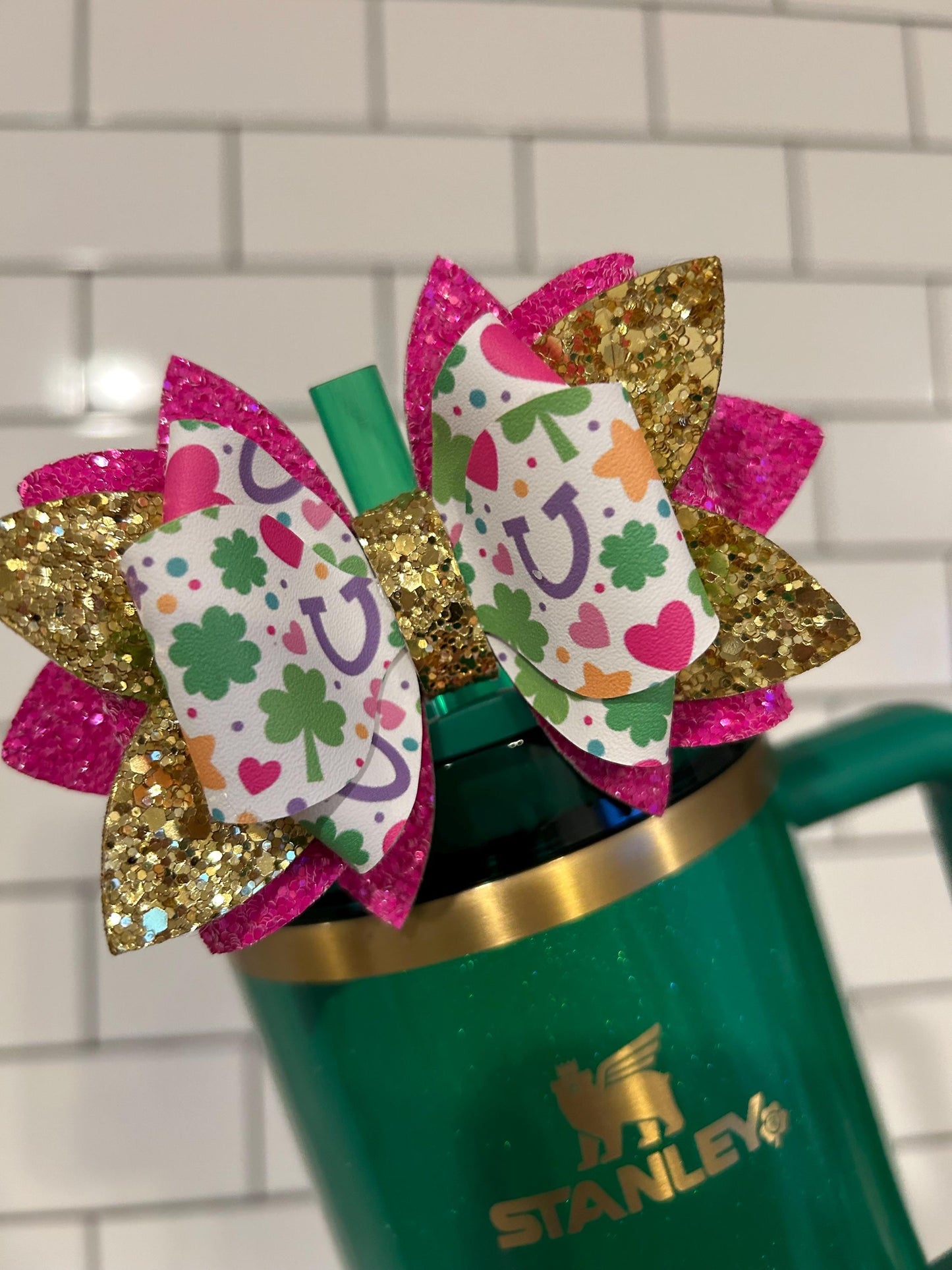 Stanley Tumbler Bow straw topper st saint pattys patricks day gold green  shamrock four leaf clover leprechaun pink camelia lucky charms