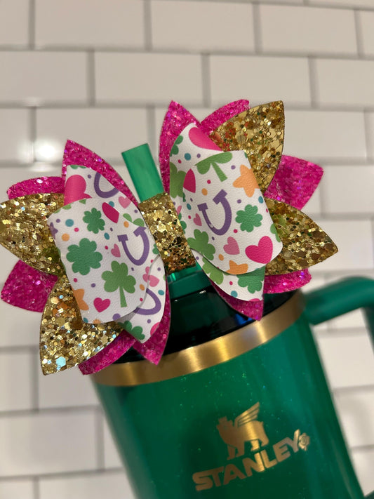 Stanley Tumbler Bow straw topper st saint pattys patricks day gold green  shamrock four leaf clover leprechaun pink camelia lucky charms