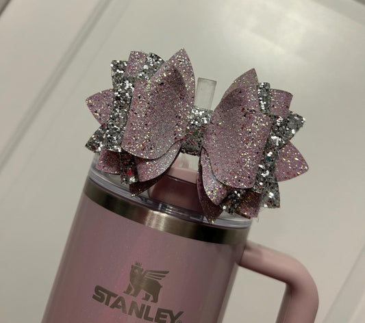 Glitter Tumbler Bow for Stanley, straw topper, aster lavender iridescent glitter silver pink