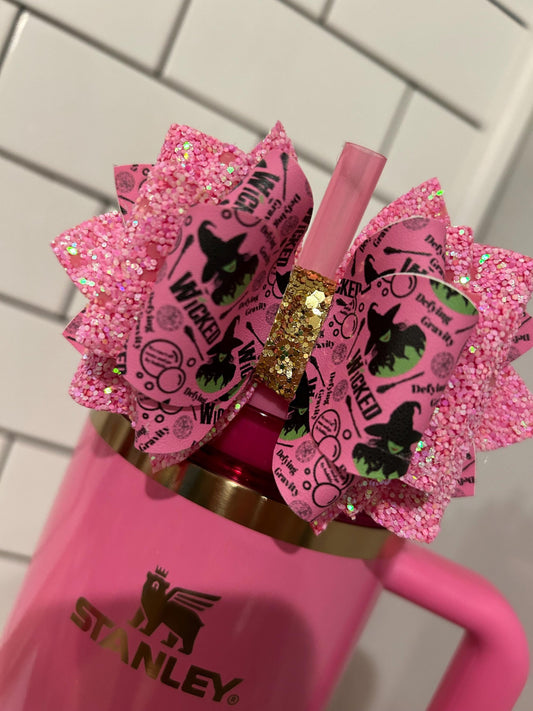 Custom Stanley Tumbler Bow Glitter Straw Topper Wicked pink Glinda elphaba white Gold green black wizard of oz pink Glenda