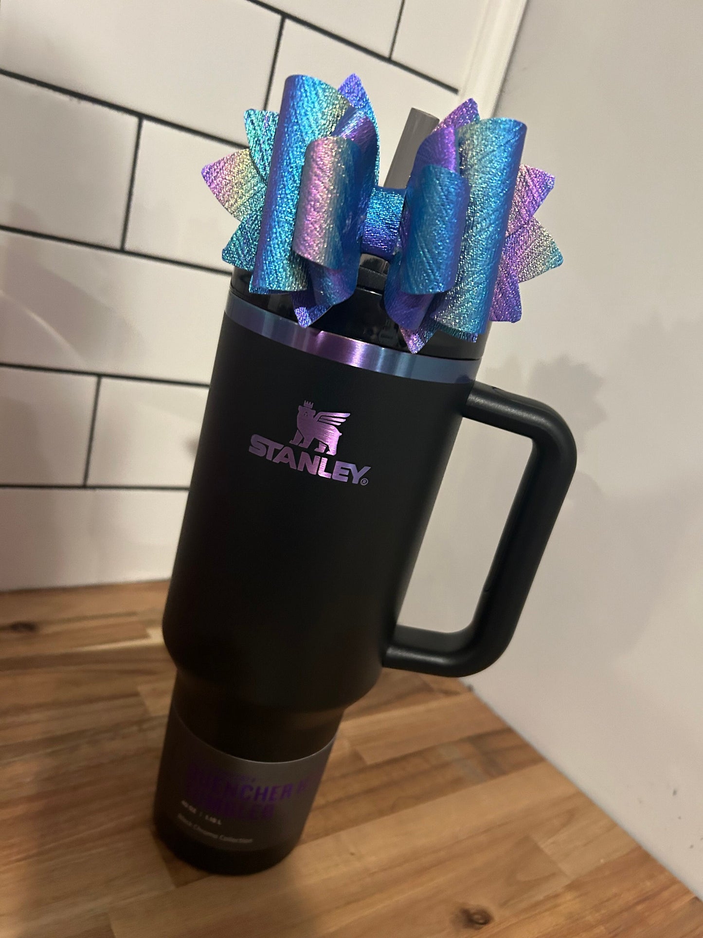 Stanley Tumbler Bow G Straw Topper silver chroma chrome iridescent moon star purple blue green sparkle berry truffle