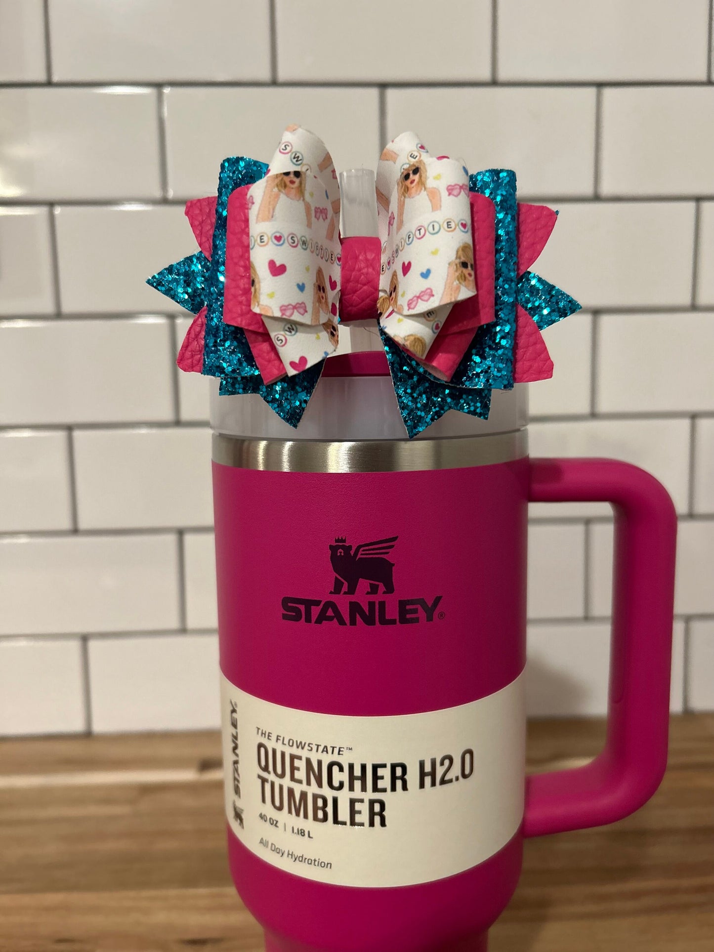 Taylor Swift Swifties Tumbler Bow for Stanley, straw topper hot pink teal turquoise fuchsia camelia peony