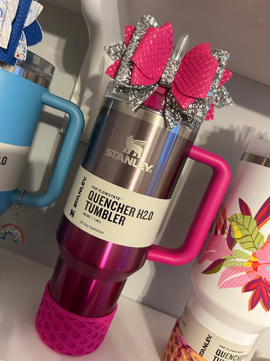 Stanley Tumbler Bow pink peony camelia gradient fuchsia flamingo Glitter Straw Topper valentine hot pink cranberry punch shimmer