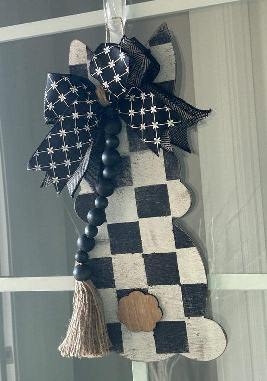 18” Wooden Easter Bunny Sign, leopard black brown white oak stain, bow beads weathered distressed bunnies READY TO SHIP door hanger checked