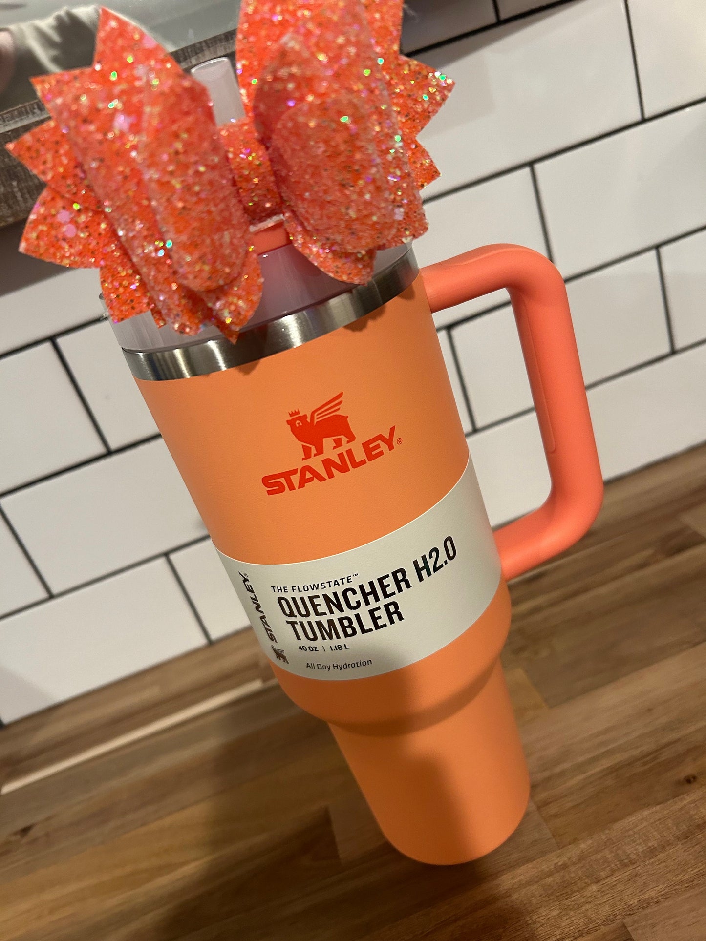 Stanley Tumbler Bow diamond Glitter Straw Topper sunshine yellow orange tigerlilly peach sparkle nectarine rose petal shimmer