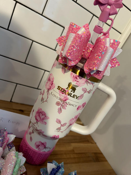 Stanley Tumbler Bow iridescent pink light pink  Glitter Straw Topper love shack fancy blooming heirloom ribbon rosa everblooming rosettes