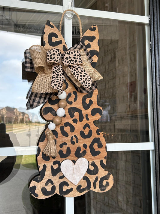 18” Wooden Easter Bunny Sign, leopard black brown white oak stain, bow beads weathered distressed bunnies READY TO SHIP door hanger