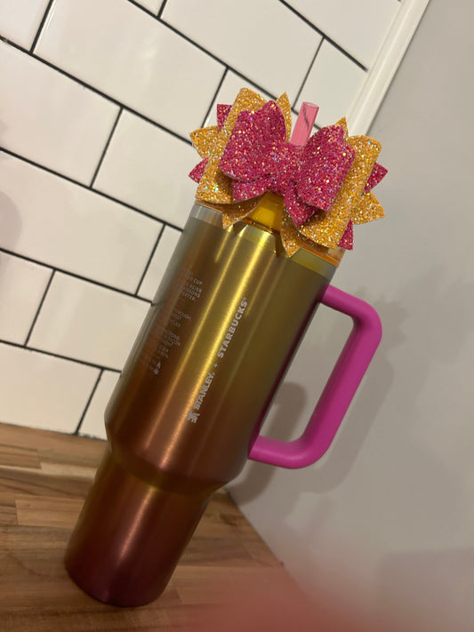 Stanley tumbler bow topper for straw stanley Starbucks summer sunset gradient purple yellow gold lakers glitter fuchsia