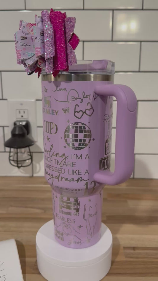 Engraved Stanley Quencher 2.0 tumbler in sour grape 40oz, Taylor swift eras swifties theme, lavender purple