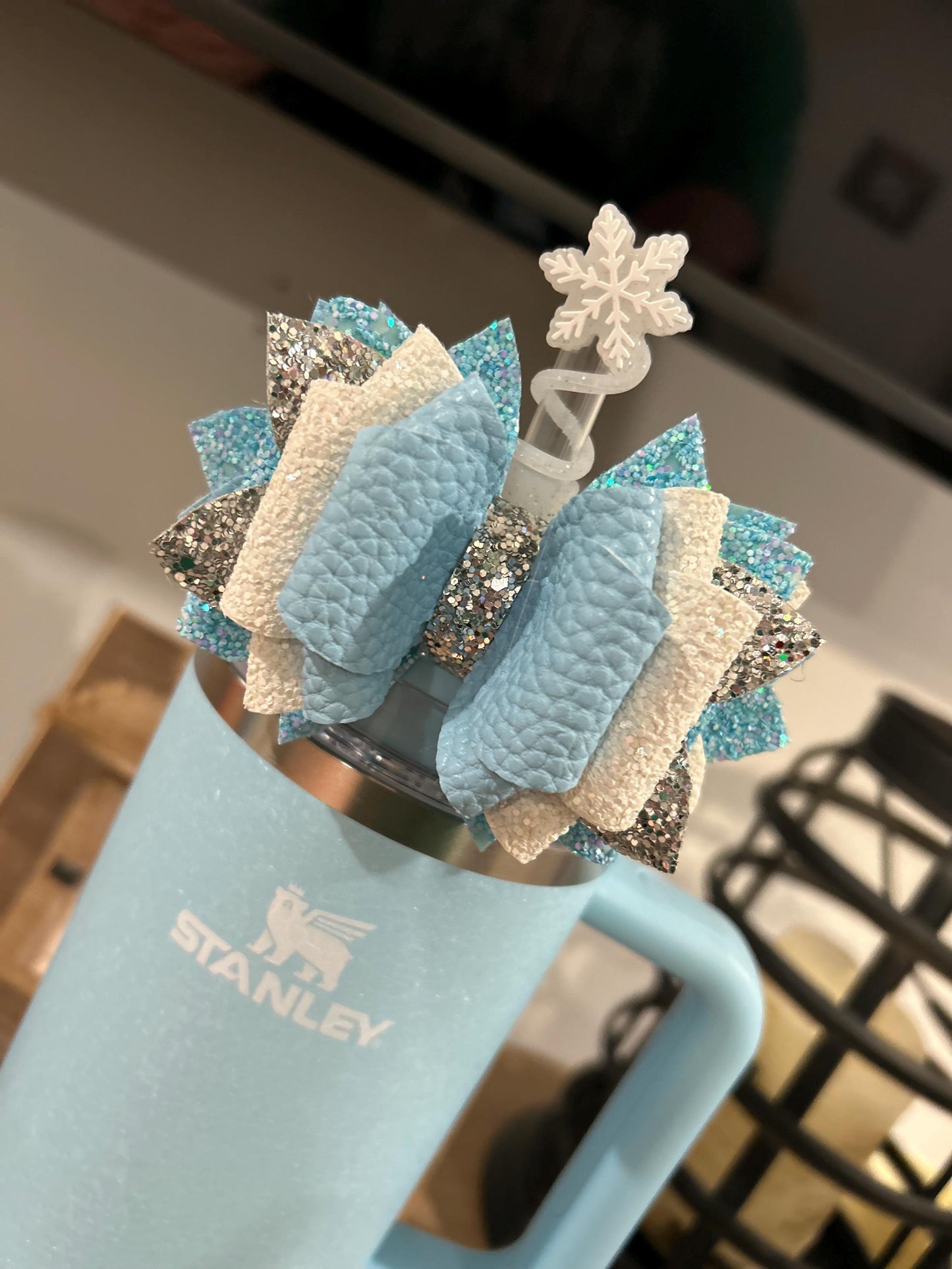 Stanley tumbler bow topper for straw blue ocean palms spring love shack fancy everblooming rosette winter wonderland powder blue crush