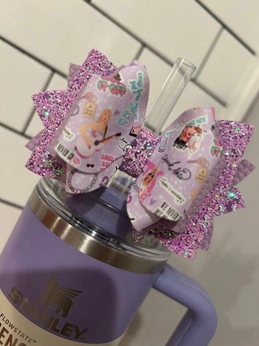 Custom Taylor Swift Swifties Tumbler Bow for Stanley, straw topper your choice of coordinating color, pink, Lavender white glitter pebble
