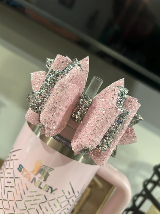Stanley Tumbler Bow petal Straw Topper shimmer winter wonderland icicle gloss white pink silver parfait pearlescent bloom