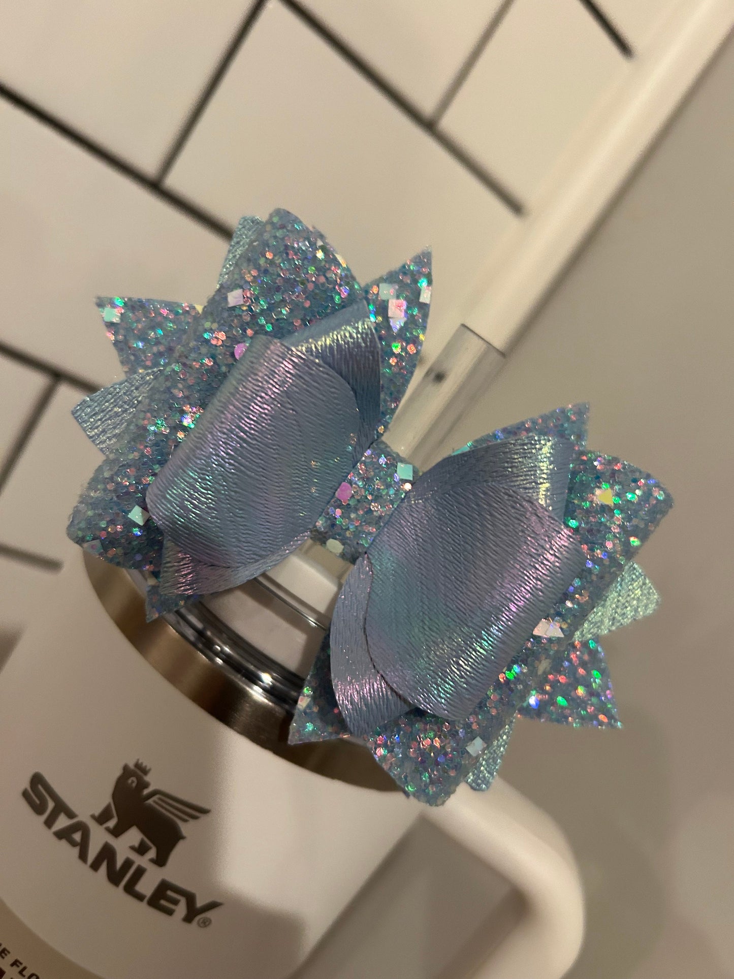 Stanley tumbler bow topper for straw iridescent light blue Silver Cinderella stanley Starbucks spring love shack fancy everblooming rosettes
