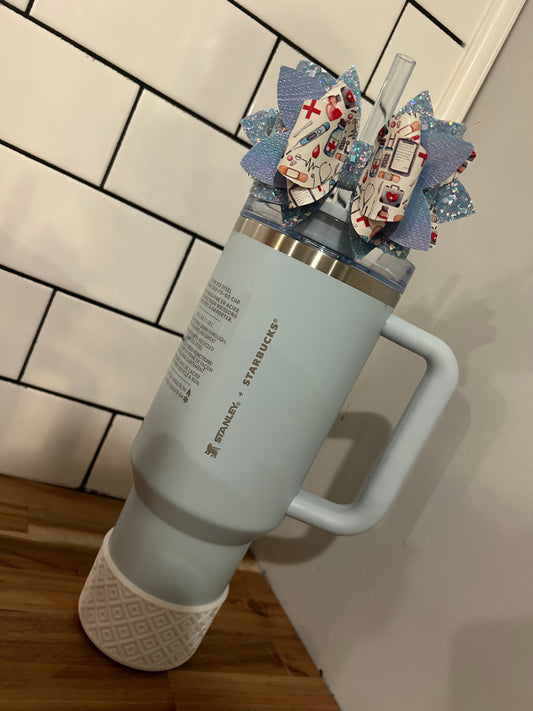 Tumbler Bow for Stanley, straw topper, nurse rn Lpn cna ma pa Md doctor np apn glitter spring blue chambray healthcare medical aprn dental