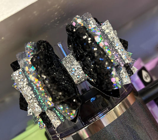 Stanley Tumbler Bow Glitter Straw Topper  black silver chroma chrome iridescent moon star purple sparkle midnight glitz glam silver shine