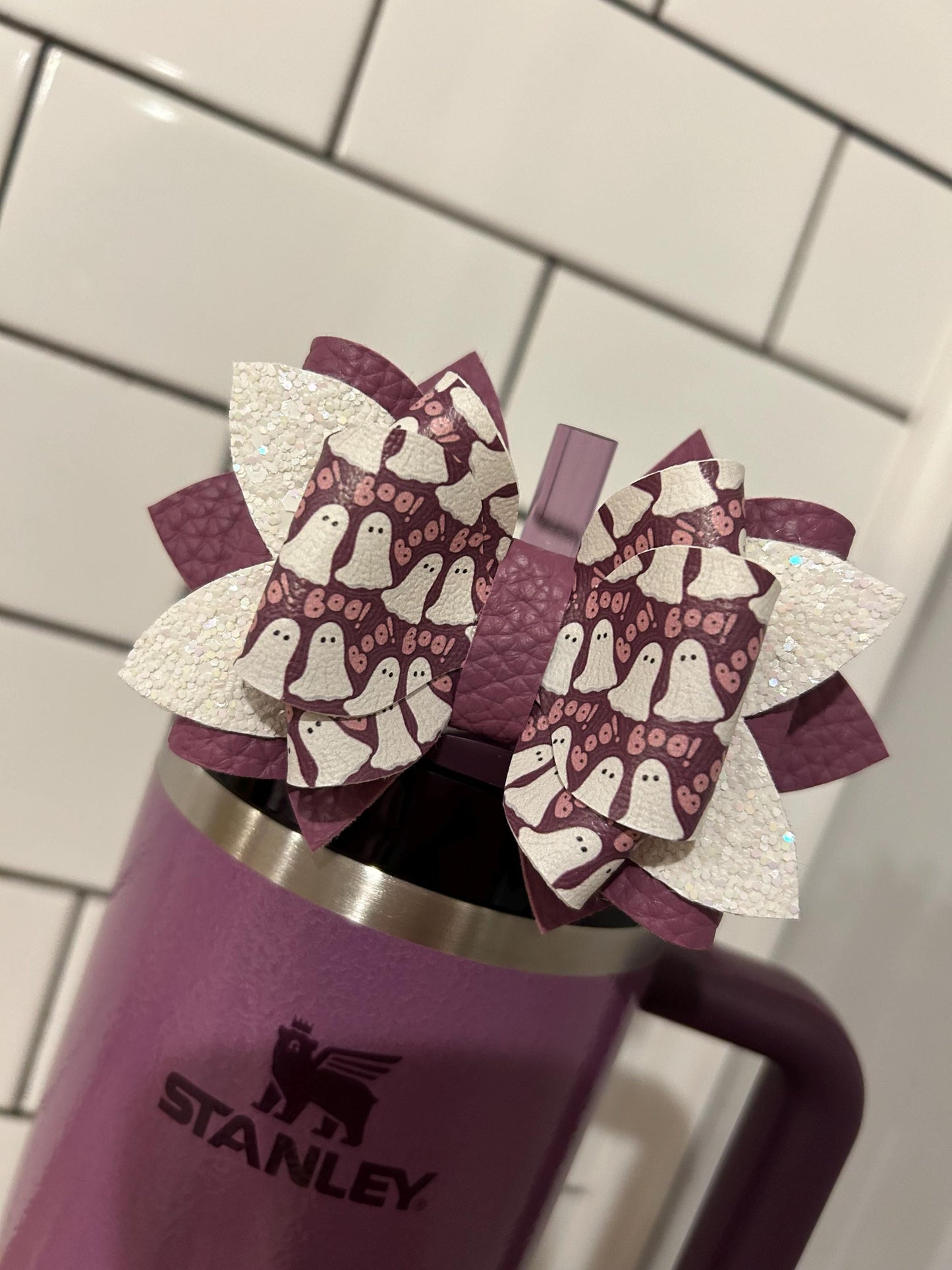 Glitter Tumbler Bow for Stanley, straw topper, Halloween lavender white purple ghosts ghouls boo fall witch pumpkin lilac hammertone pink
