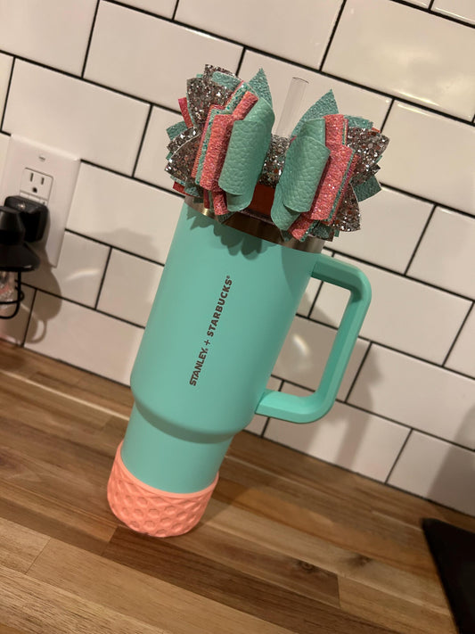 xl Glitter Tumbler Bow for Stanley, straw topper, moolah moo lah aqua teal peach orange orange Thailand two tone red iridescent tiffany