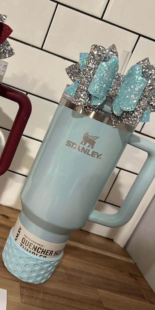 Glitter Tumbler Bow for Stanley, straw topper, blueberry milk glitter silver blue green aqua turquoise