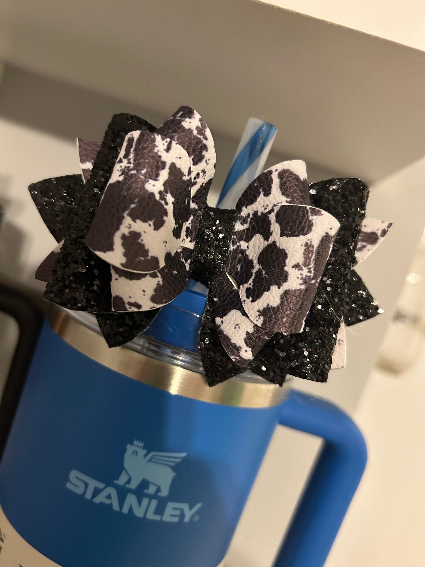 Black and White Cow Tumbler Bow for Stanley Straw Topper sparkle a highland