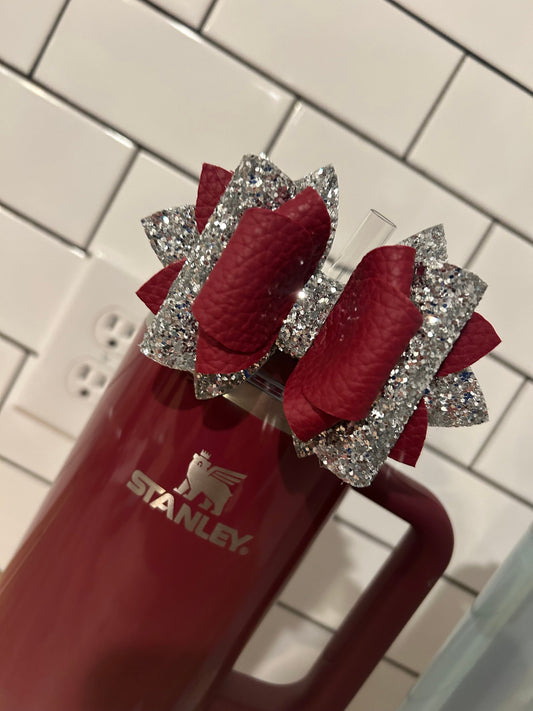 Glitter Tumbler Bow for Stanley, straw topper, cherry mocha glitter silver burgundy maroon dark red Cabernet