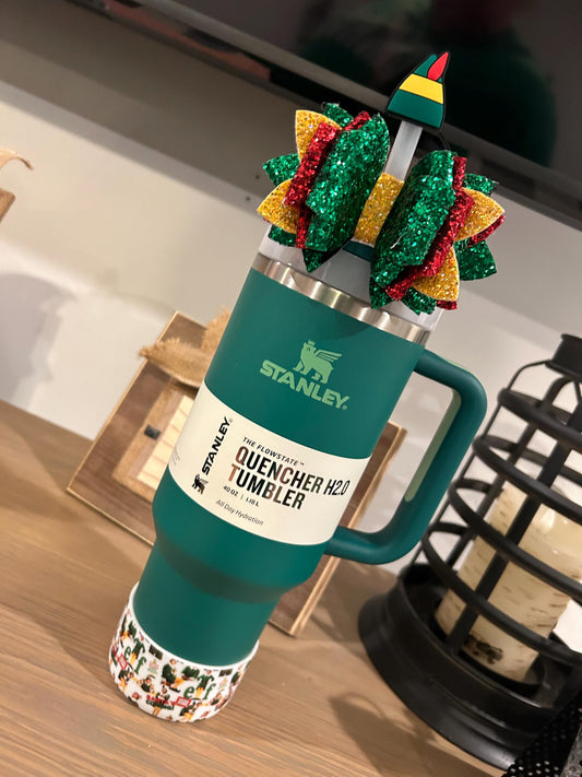 Glitter Tumbler Bow for Stanley, straw topper, Christmas snowflake red white gold yellow tree grinch cake green buddy the elf inspired