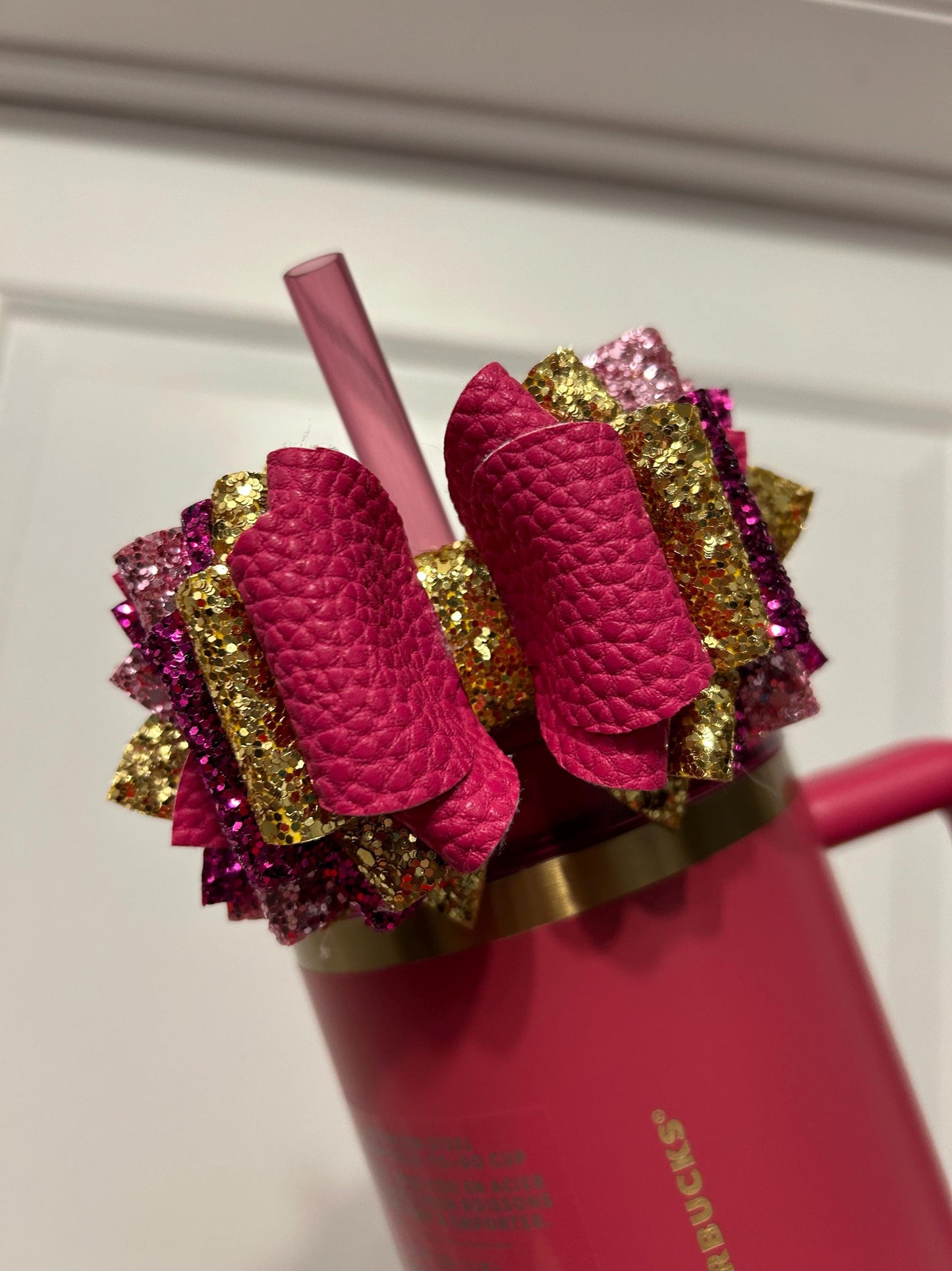 Berry glitter bow for Stanley Starbucks Tumbler, straw topper, pink parade glitter with gold hot pink burgundy sparkle