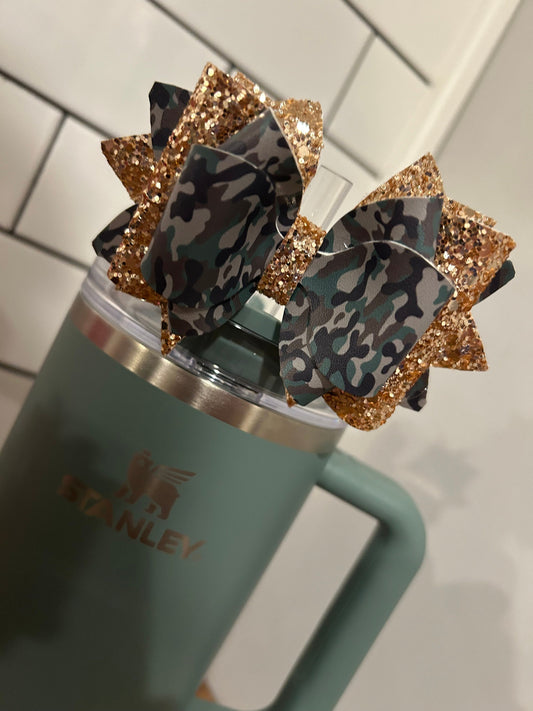 Stanley Tumbler Bow green camo olive pearl camouflage gold army Glitter Straw Topper shale