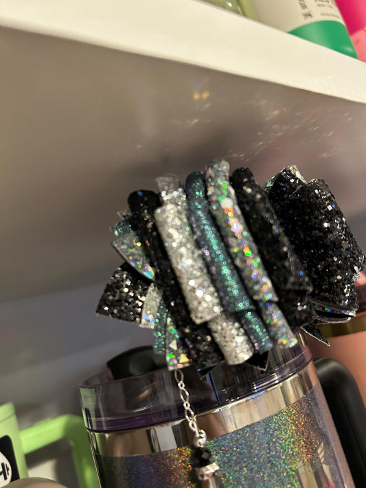 Stanley Tumbler Bow Glitter Straw Topper  black silver chroma chrome iridescent moon star purple sparkle midnight glitz glam silver shine