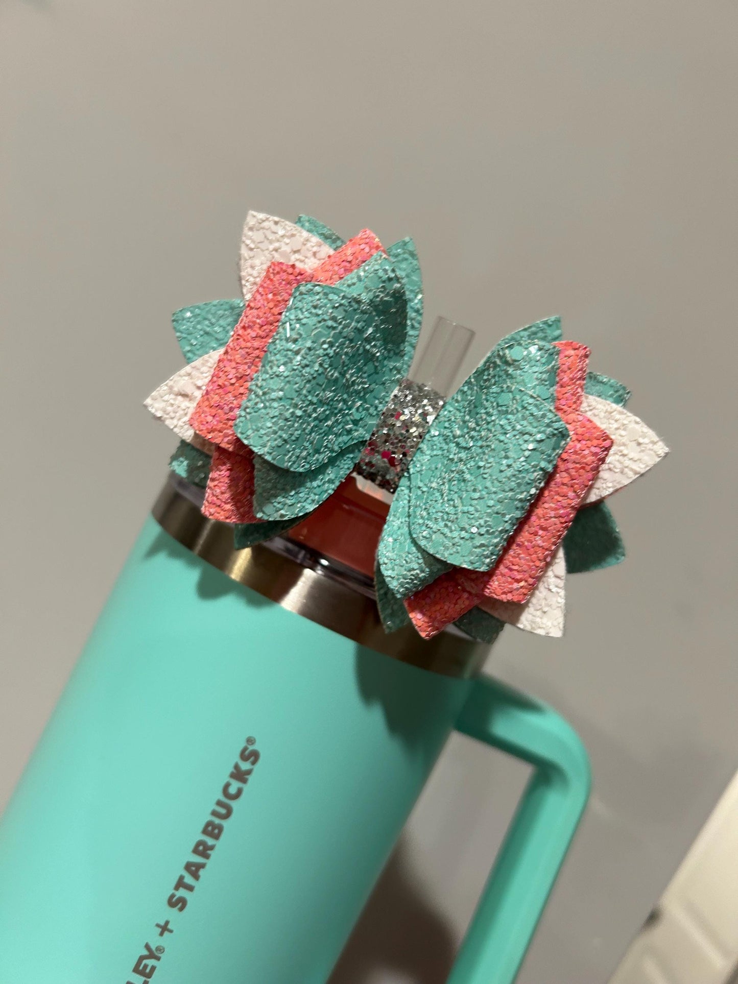 Glitter Tumbler Bow for Stanley, straw topper, moolah moo lah aqua teal peach orange orange Thailand two tone red iridescent tiffany