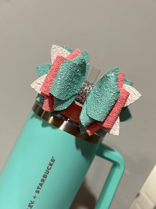 Glitter Tumbler Bow for Stanley, straw topper, moolah moo lah aqua teal peach orange orange Thailand two tone red iridescent tiffany