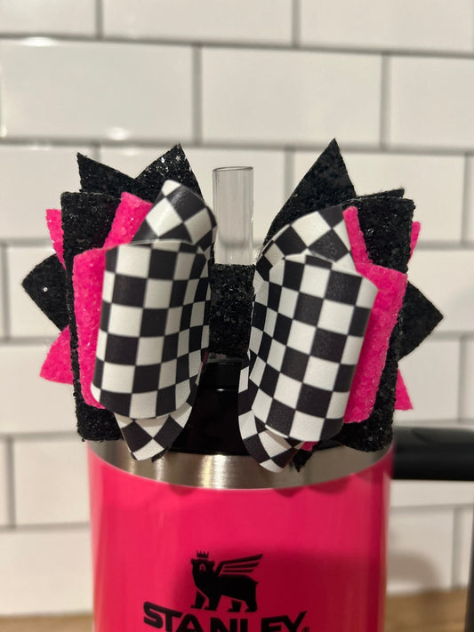 Tumbler Bow for Stanley, straw topper, black white check checkers squares paired with choice of neon pink, green yellow black hot pink etc…