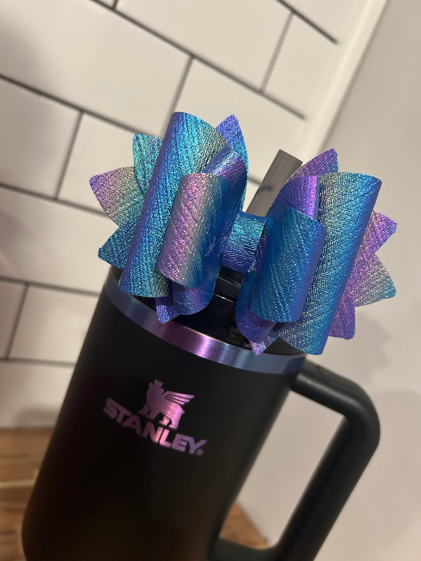 Stanley Tumbler Bow G Straw Topper  silver chroma chrome iridescent moon star purple blue green sparkle berry truffle