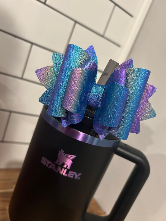 Stanley Tumbler Bow G Straw Topper  silver chroma chrome iridescent moon star purple blue green sparkle berry truffle