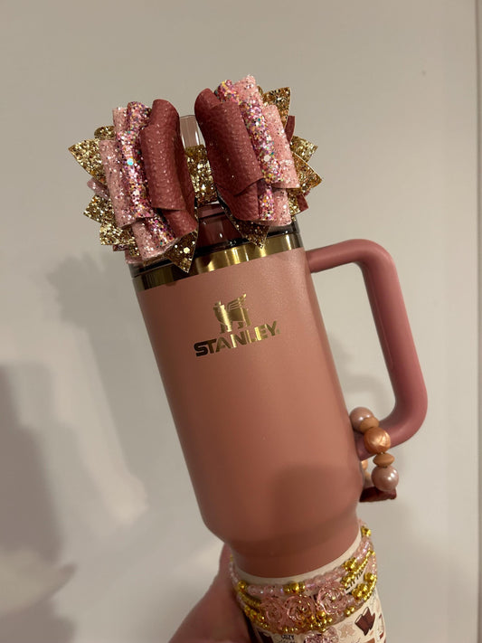 Custom Stanley Tumbler Bow Glitter Straw Topper gold pink rose antique pink mauve valentine rose gold