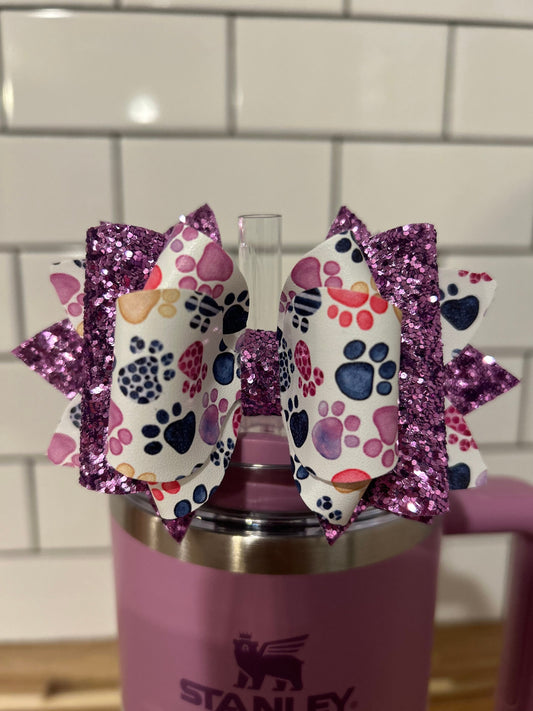 Glitter Tumbler Bow for Stanley, straw topper, paws pets animals cats dogs tigerLilly pink purple blue yellow orange lavender white plum