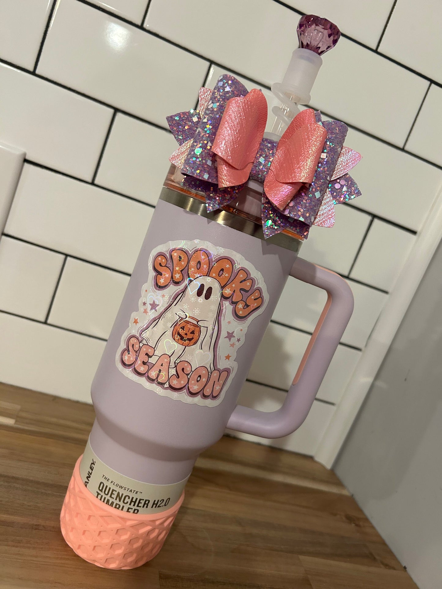 Glitter Tumbler Bow for Stanley, straw topper, orchid glimmer iridescent lavender peach pink coral purple periwinkle shimmer