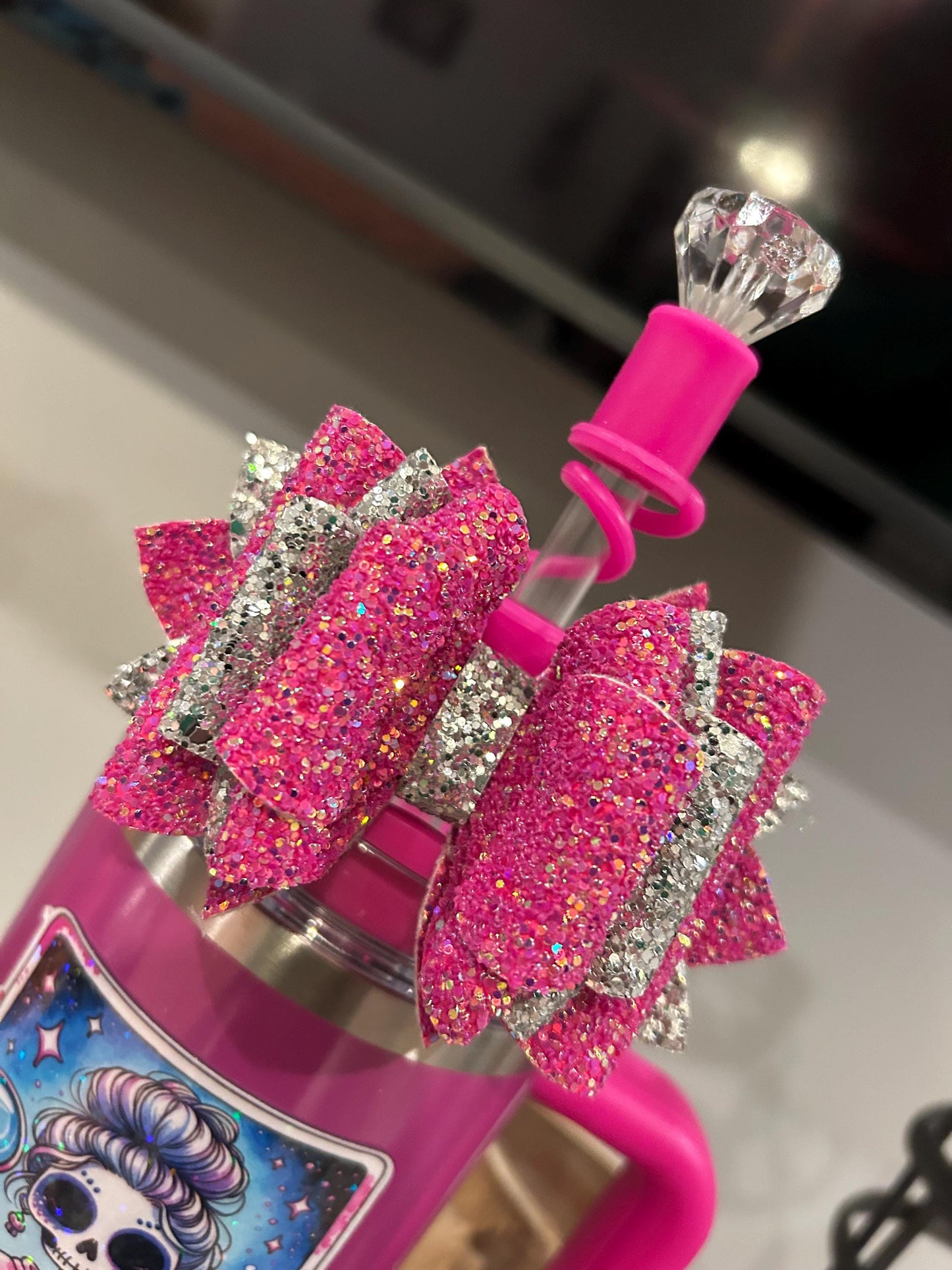 Stanley Tumbler Bow peony camelia fuchsia flamingo Straw Topper hot pink punch shimmer winter wonderland crystal crush berry silver