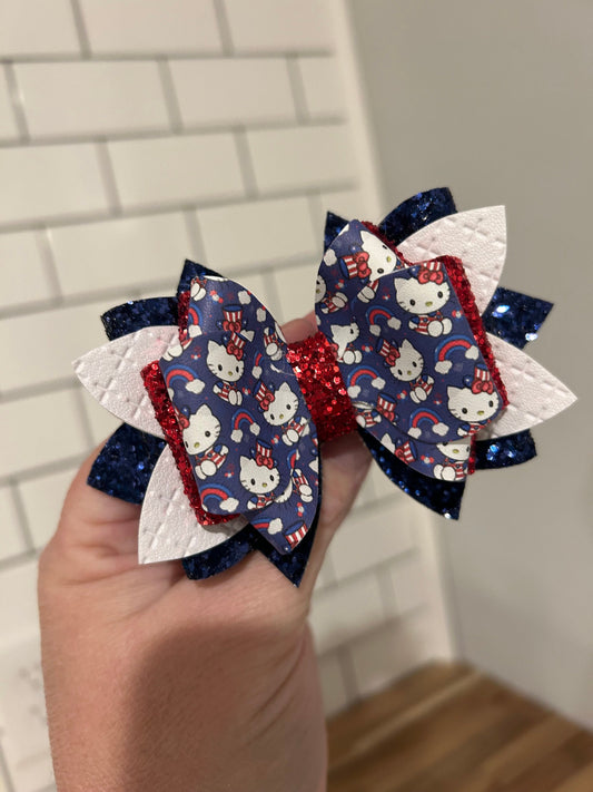 Glitter Tumbler Bow for Stanley, straw topper, red white blue patriotic navy USA glitter flag stars stripes and 4th of July hello kitty