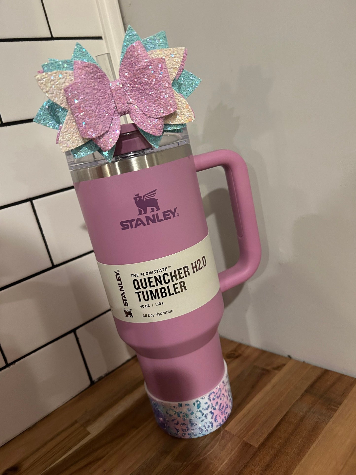 Stanley Tumbler Bow Lilac Blue White Glitter Straw Topper Aqua Lavender Purple